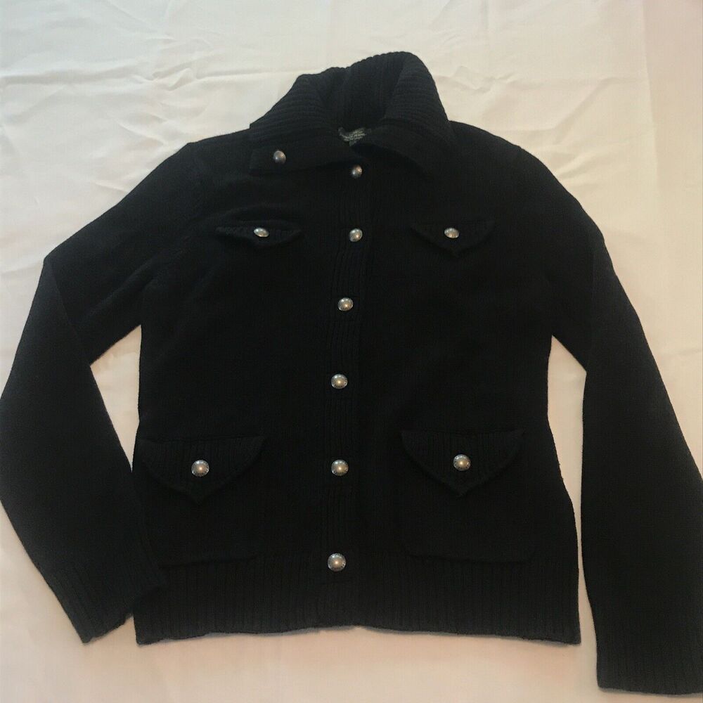 Ralph Lauren Jeans Co Black Ribbed Logo Button Up Cardigan Logo Womens L Pockets